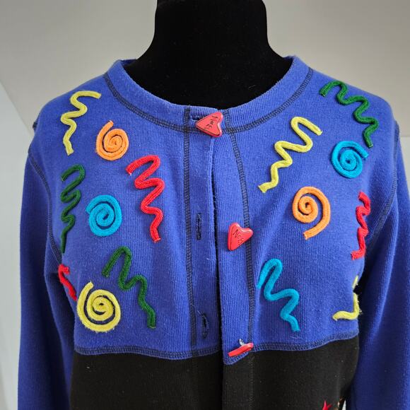 Sport Elle Ugly Christmas Sweater Blue Embroidered Caroling Noel Cardigan M - Picture 10 of 11